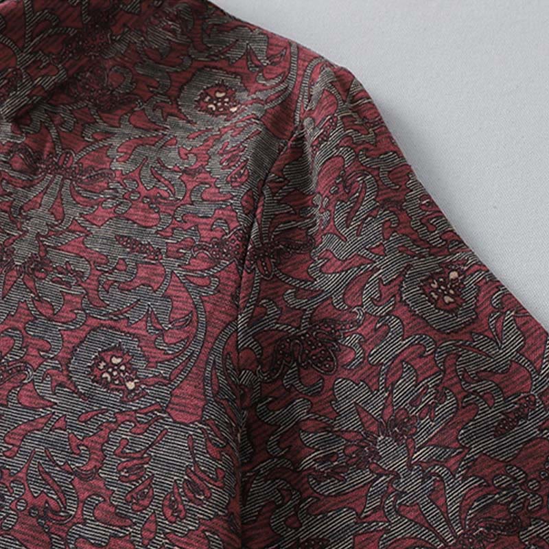 Robe mi-longue à manches longues et poches, en coton et lin, avec imprimé floral marron et Buddha Stones - image 5