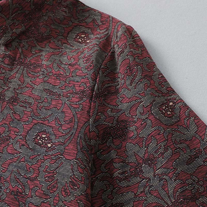 Robe mi-longue à manches longues et poches, en coton et lin, avec imprimé floral marron et Buddha Stones - image 5