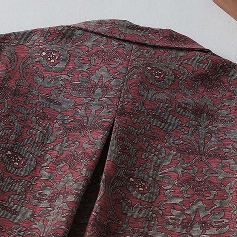 Robe mi-longue à manches longues et poches, en coton et lin, avec imprimé floral marron et Buddha Stones - image 4