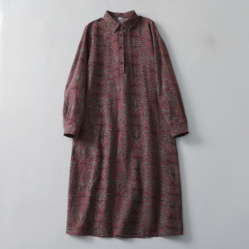 Robe mi-longue à manches longues et poches, en coton et lin, avec imprimé floral marron et Buddha Stones - Brun - US8-10，UK/AU12-14，EU40-42 (2XL) - image 1
