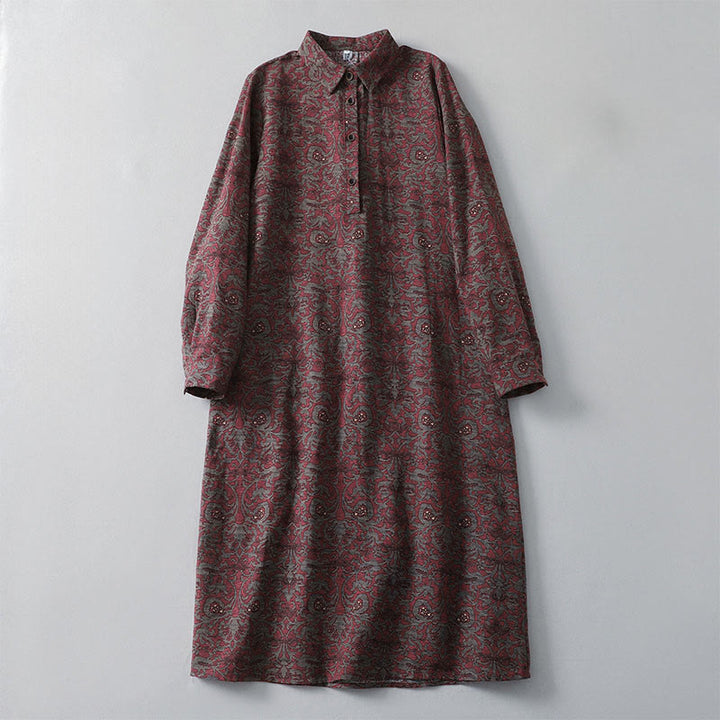Robe mi-longue à manches longues et poches, en coton et lin, avec imprimé floral marron et Buddha Stones - Brun - US8-10，UK/AU12-14，EU40-42 (2XL) - image 1