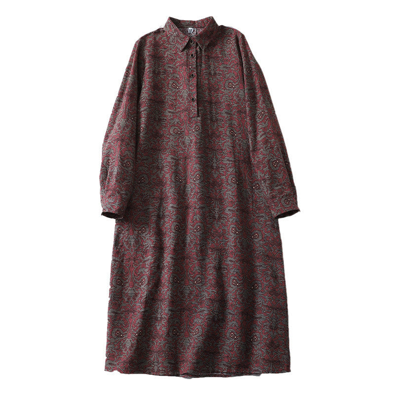 Robe mi-longue à manches longues et poches, en coton et lin, avec imprimé floral marron et Buddha Stones - image 13