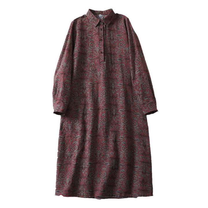 Robe mi-longue à manches longues et poches, en coton et lin, avec imprimé floral marron et Buddha Stones - image 13