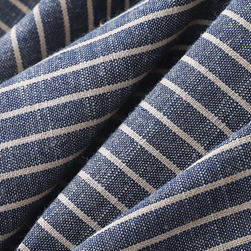 Robe midi en coton et lin à rayures blanches et bleu acier clair Buddha Stones, manches longues, revers, avec poches - image 6