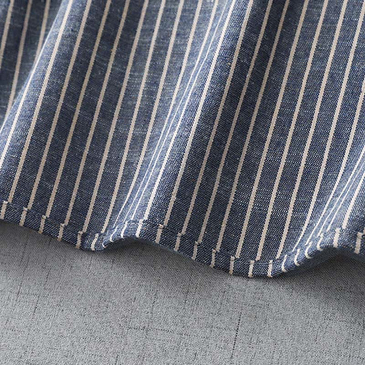 Robe midi en coton et lin à rayures blanches et bleu acier clair Buddha Stones, manches longues, revers, avec poches - image 9