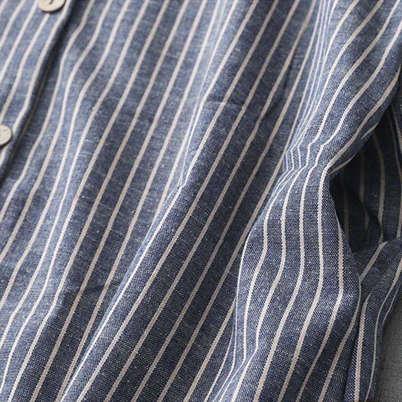 Robe midi en coton et lin à rayures blanches et bleu acier clair Buddha Stones, manches longues, revers, avec poches - image 5