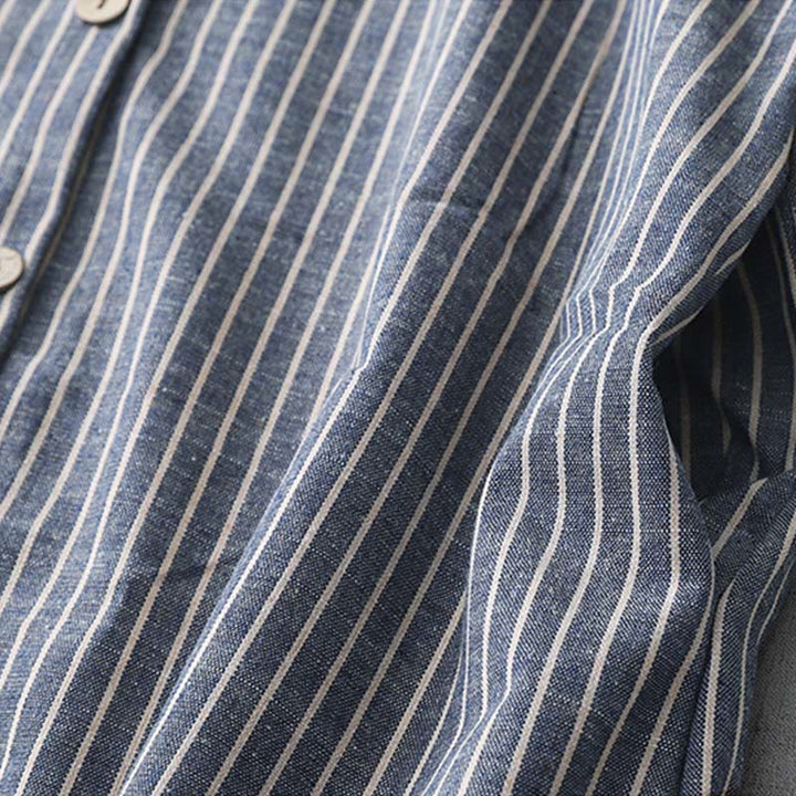 Robe midi en coton et lin à rayures blanches et bleu acier clair Buddha Stones, manches longues, revers, avec poches - image 5