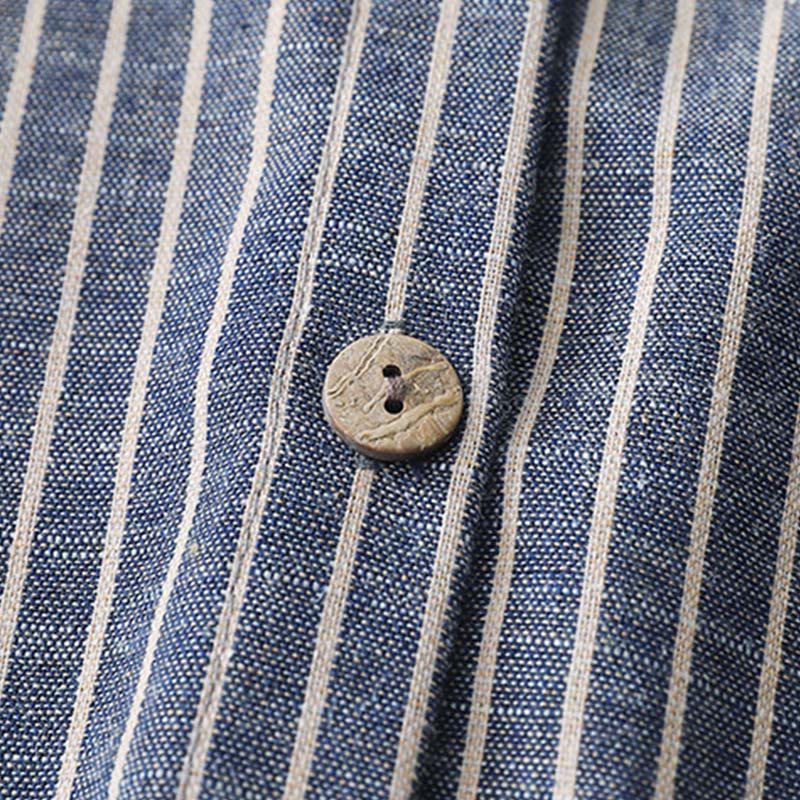 Robe midi en coton et lin à rayures blanches et bleu acier clair Buddha Stones, manches longues, revers, avec poches - image 4