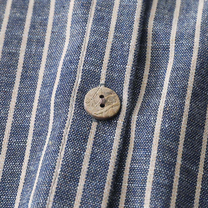 Robe midi en coton et lin à rayures blanches et bleu acier clair Buddha Stones, manches longues, revers, avec poches - image 4