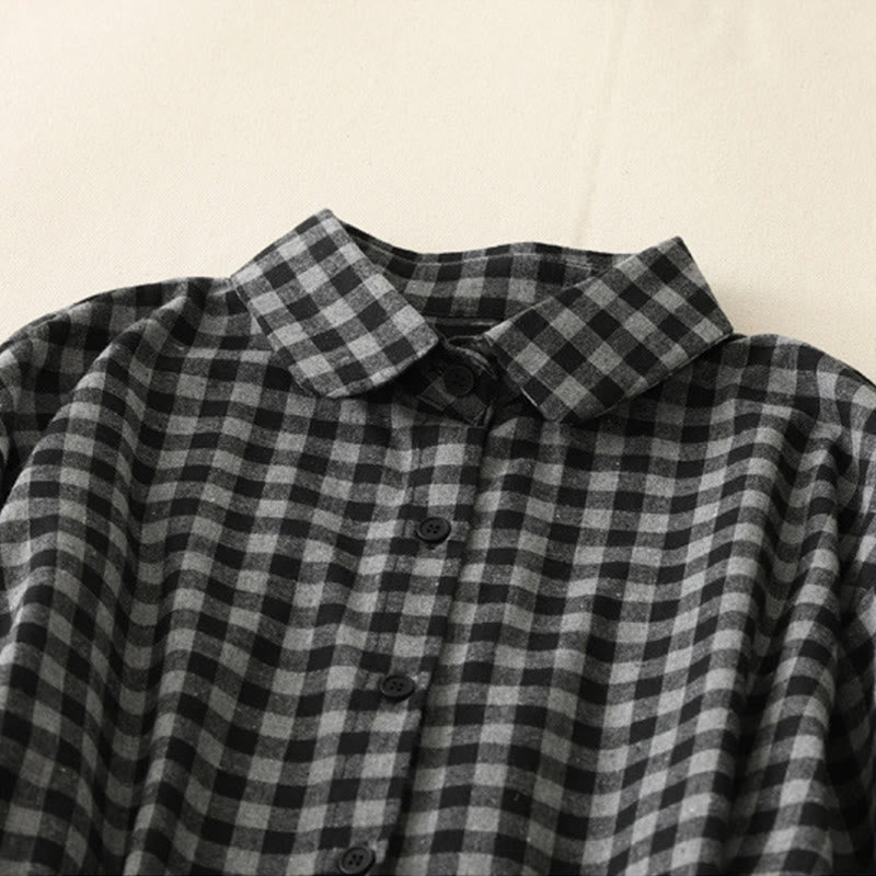 Robe mi-longue noire en coton et lin à carreaux, à lacets et à revers, avec poches - image 3