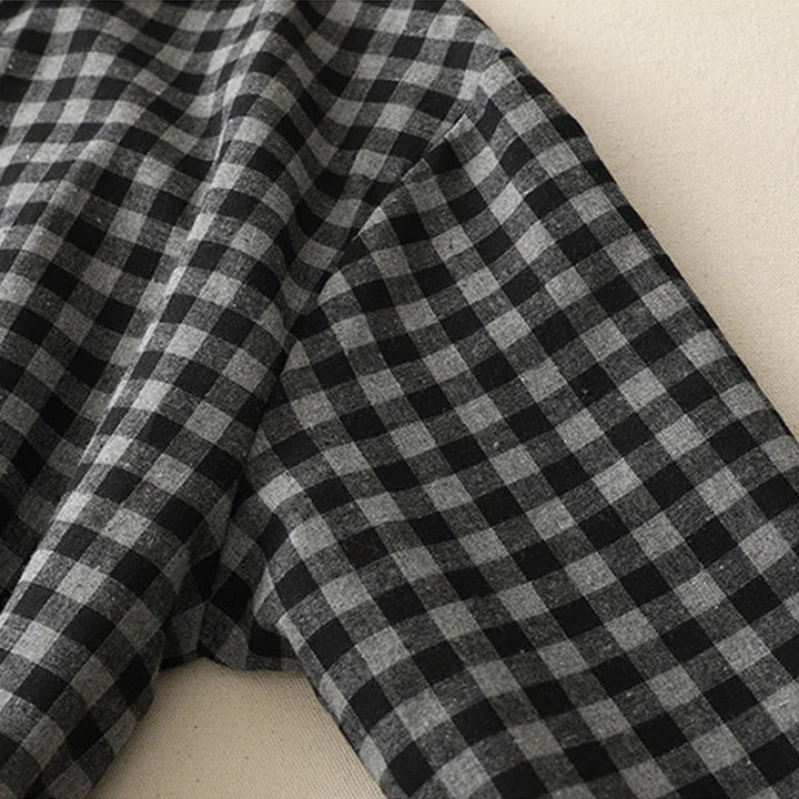 Robe mi-longue noire en coton et lin à carreaux, à lacets et à revers, avec poches - image 9