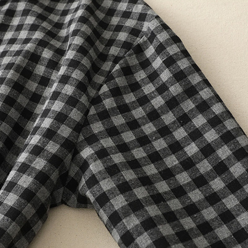 Robe mi-longue noire en coton et lin à carreaux, à lacets et à revers, avec poches - image 8