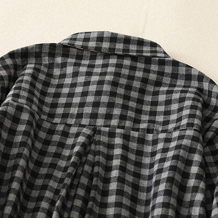 Robe mi-longue noire en coton et lin à carreaux, à lacets et à revers, avec poches - image 4