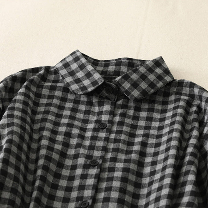 Robe mi-longue noire en coton et lin à carreaux, à lacets et à revers, avec poches - image 2