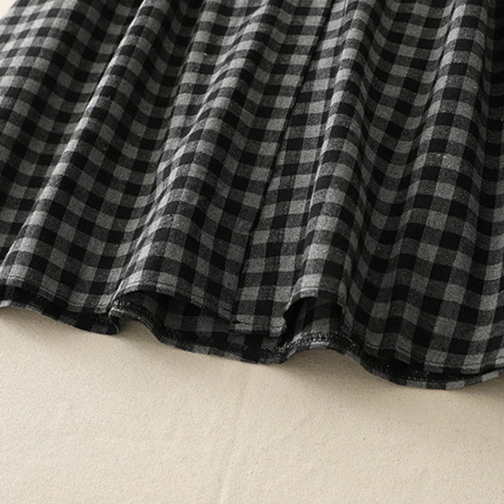 Robe mi-longue noire en coton et lin à carreaux, à lacets et à revers, avec poches - image 11