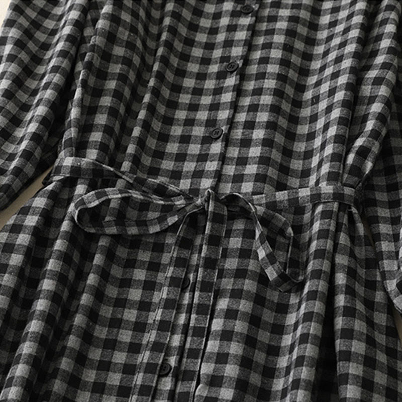 Robe mi-longue noire en coton et lin à carreaux, à lacets et à revers, avec poches - image 5