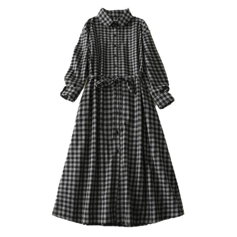Robe mi-longue noire en coton et lin à carreaux, à lacets et à revers, avec poches - image 12