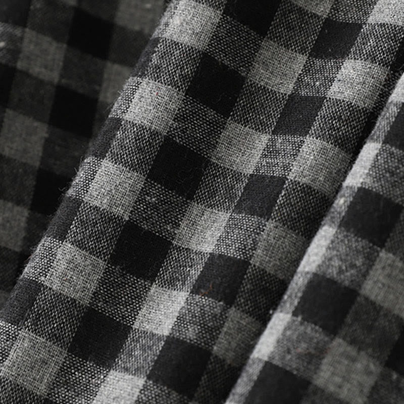 Robe mi-longue noire en coton et lin à carreaux, à lacets et à revers, avec poches - image 6