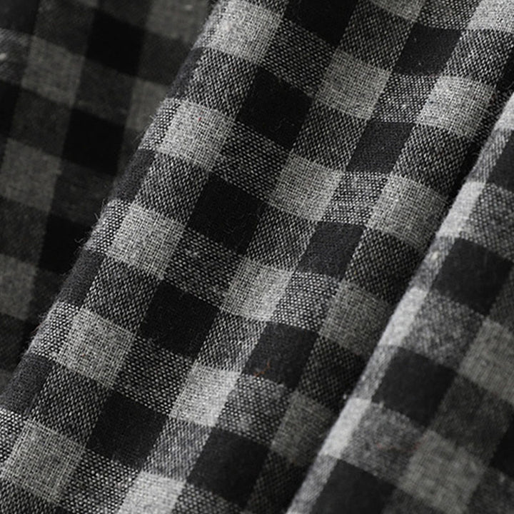 Robe mi-longue noire en coton et lin à carreaux, à lacets et à revers, avec poches - image 6