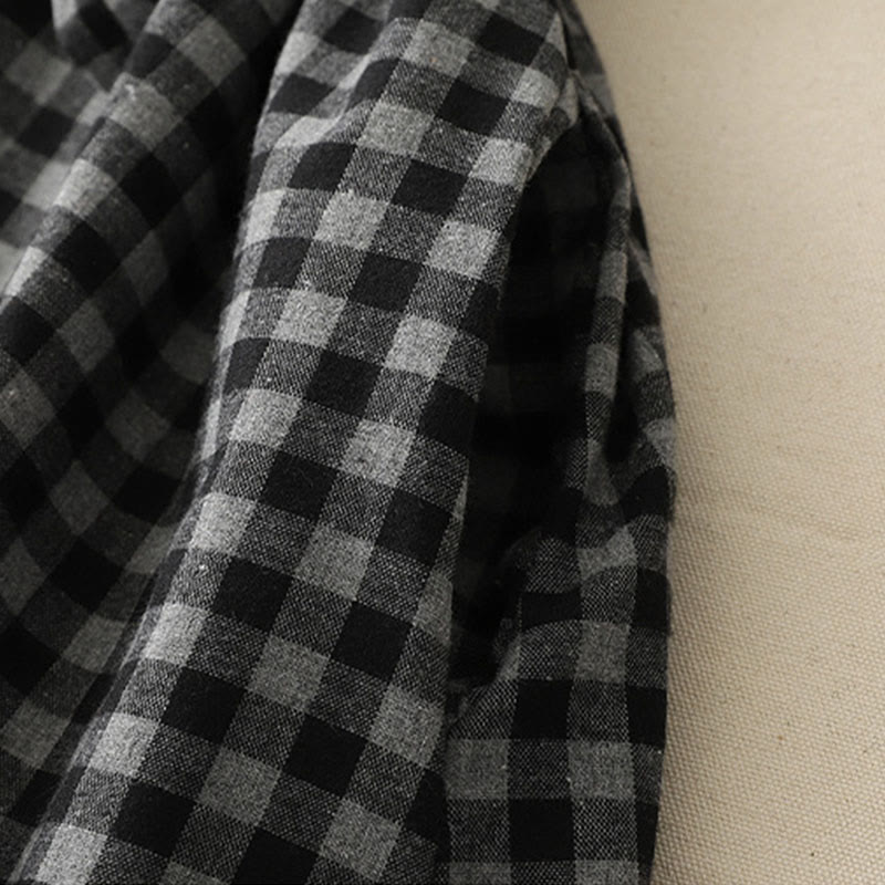 Robe mi-longue noire en coton et lin à carreaux, à lacets et à revers, avec poches - image 7