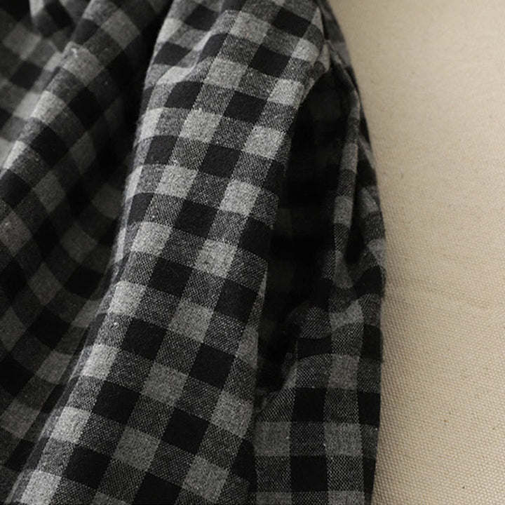 Robe mi-longue noire en coton et lin à carreaux, à lacets et à revers, avec poches - image 7