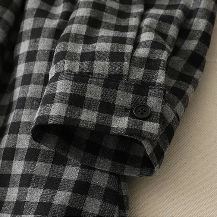 Robe mi-longue noire en coton et lin à carreaux, à lacets et à revers, avec poches - image 9