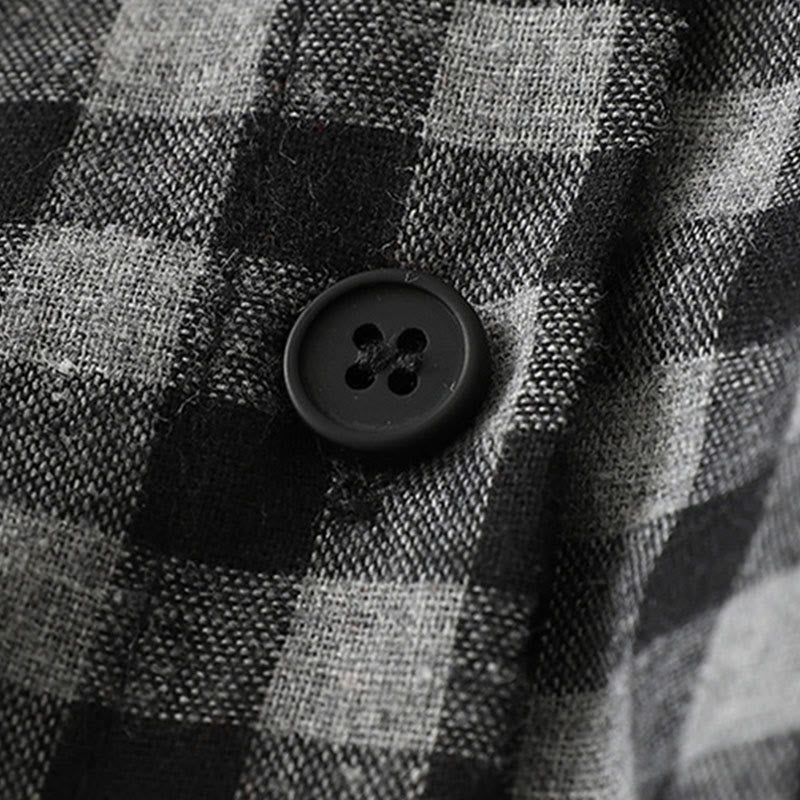 Robe mi-longue noire en coton et lin à carreaux, à lacets et à revers, avec poches - image 5