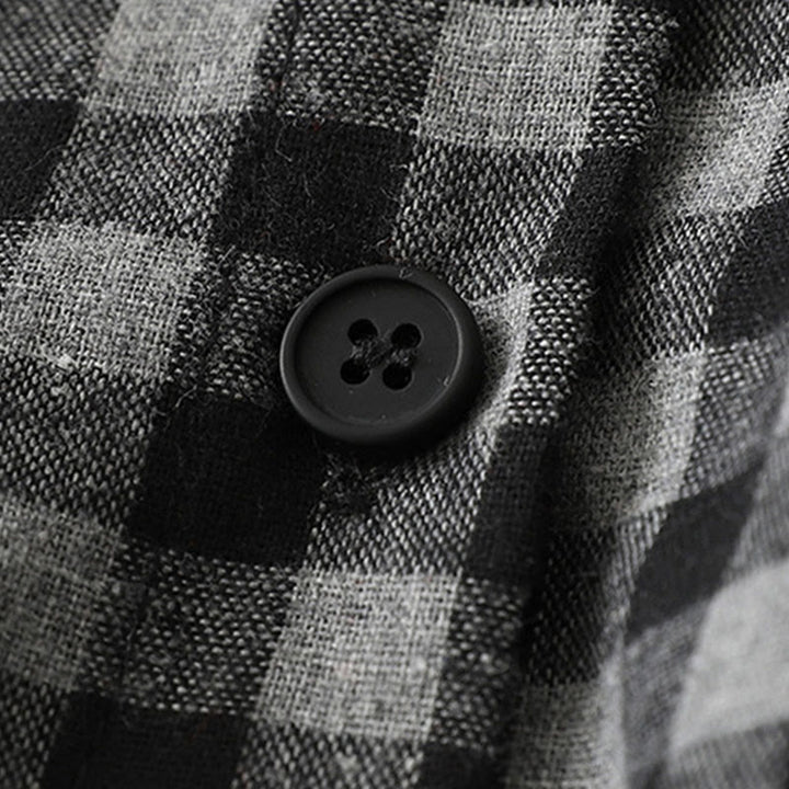 Robe mi-longue noire en coton et lin à carreaux, à lacets et à revers, avec poches - image 5