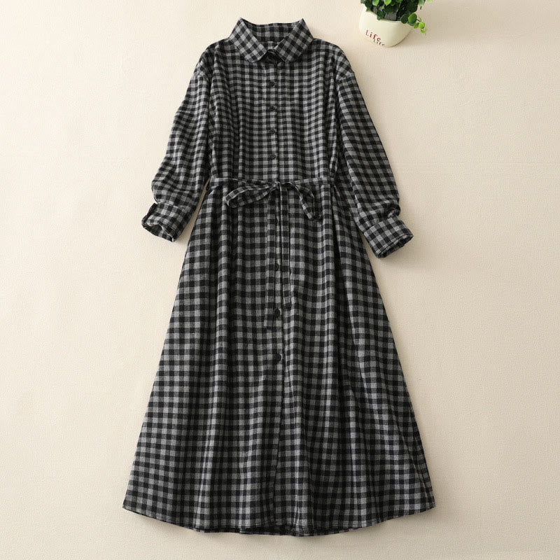 Robe mi-longue noire en coton et lin à carreaux, à lacets et à revers, avec poches - Noir - US8-10，UK/AU12-14，EU40-42 (2XL) - image 0