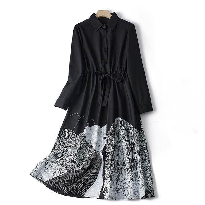 Robe mi-longue en coton à manches longues et revers à lacets avec poches, imprimé Buddha Stones et lignes irrégulières - Noir - US8-10，UK/AU12-14，EU40-42 (2XL) - image 0