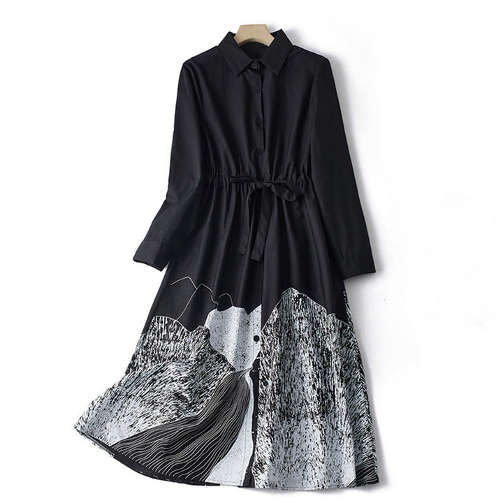 Robe mi-longue en coton à manches longues et revers à lacets avec poches, imprimé Buddha Stones et lignes irrégulières - Noir - US8-10，UK/AU12-14，EU40-42 (2XL) - image 0