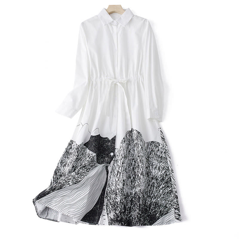 Robe mi-longue en coton à manches longues et revers à lacets avec poches, imprimé Buddha Stones et lignes irrégulières - Blanc - US8-10，UK/AU12-14，EU40-42 (2XL) - image 10