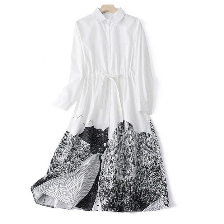 Robe mi-longue en coton à manches longues et revers à lacets avec poches, imprimé Buddha Stones et lignes irrégulières - Blanc - US8-10，UK/AU12-14，EU40-42 (2XL) - image 10