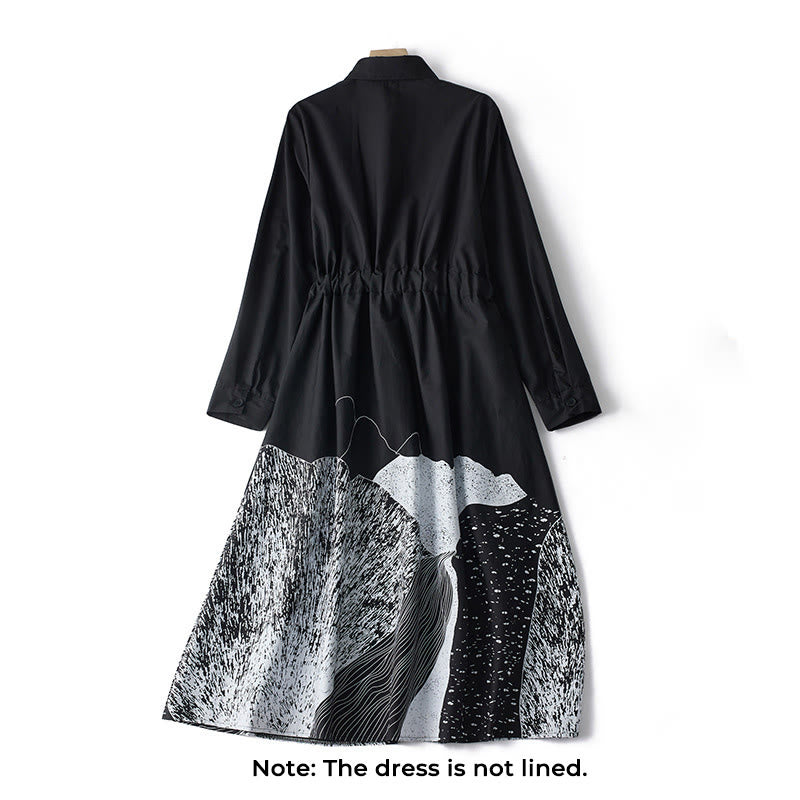 Robe mi-longue en coton à manches longues et revers à lacets avec poches, imprimé Buddha Stones et lignes irrégulières - image 1