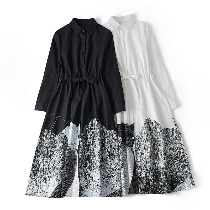 Robe mi-longue en coton à manches longues et revers à lacets avec poches, imprimé Buddha Stones et lignes irrégulières - image 15