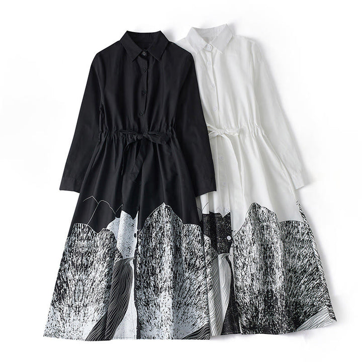 Robe mi-longue en coton à manches longues et revers à lacets avec poches, imprimé Buddha Stones et lignes irrégulières - image 15