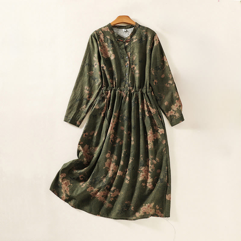 Robe mi-longue en coton et lin à manches longues et poches, avec cordon de serrage et boutons grenouille, imprimé Buddha Stones - Vert olive foncé - US8-10，UK/AU12-14，EU40-42 (2XL) - image 1