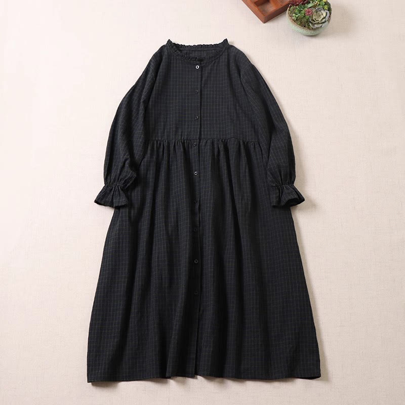 Robe mi-longue en coton et lin à Buddha Stones longues et boutons simples à carreaux avec poches - Plaid noir vert foncé - US8-10，UK/AU12-14，EU40-42 (2XL) - image 0