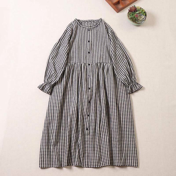Robe mi-longue en coton et lin à Buddha Stones longues et boutons simples à carreaux avec poches - Plaid noir et blanc - US8-10，UK/AU12-14，EU40-42 (2XL) - image 6