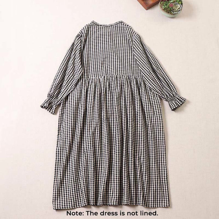 Robe midi à carreaux à manches longues Buddha Stones, boutons simples, volants et poches - image 7