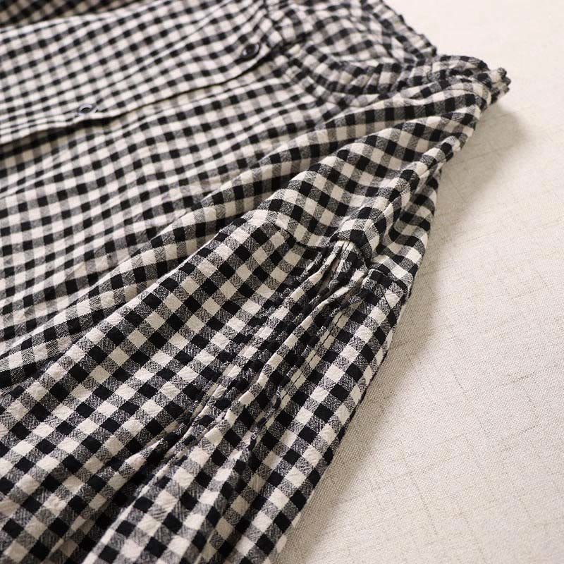 Robe mi-longue en coton et lin à Buddha Stones longues et boutons simples à carreaux avec poches - image 13