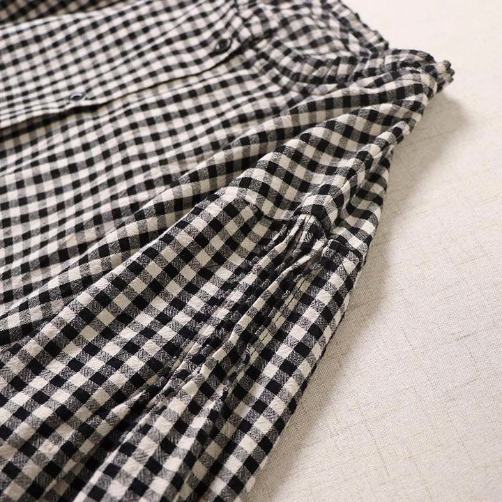 Robe mi-longue en coton et lin à Buddha Stones longues et boutons simples à carreaux avec poches - image 13