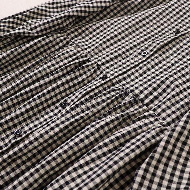 Robe mi-longue en coton et lin à Buddha Stones longues et boutons simples à carreaux avec poches - image 14