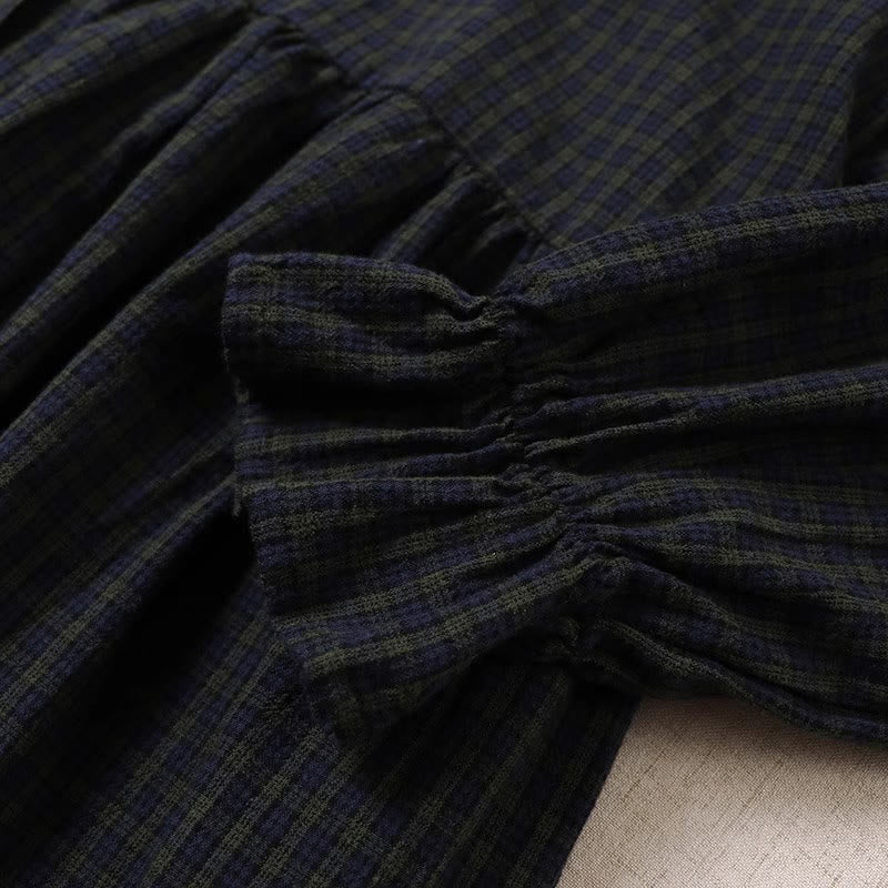 Robe mi-longue en coton et lin à Buddha Stones longues et boutons simples à carreaux avec poches - image 5