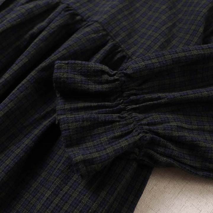 Robe mi-longue en coton et lin à Buddha Stones longues et boutons simples à carreaux avec poches - image 5