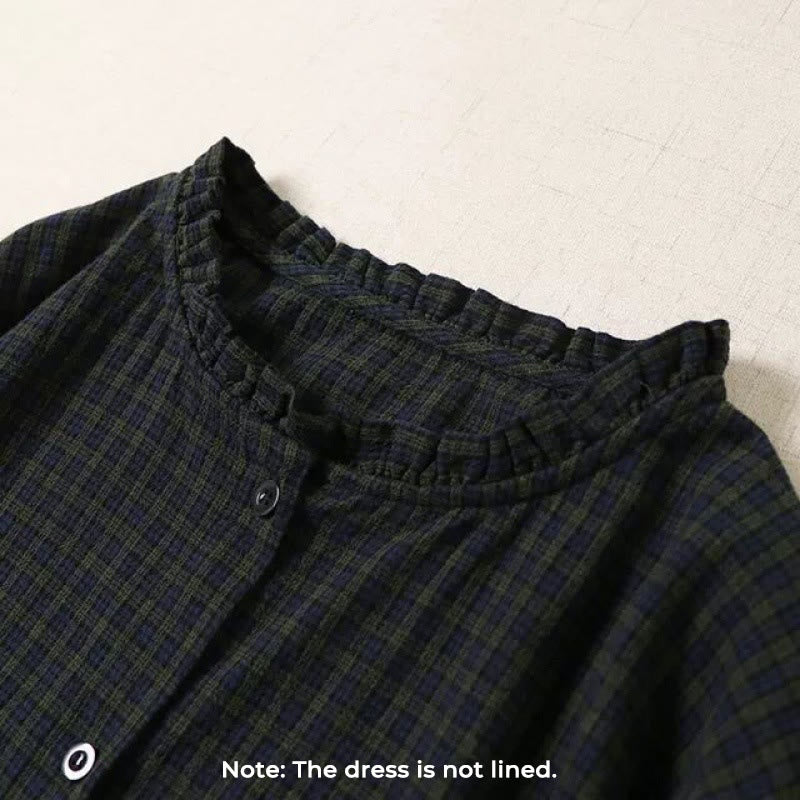 Robe mi-longue en coton et lin à Buddha Stones longues et boutons simples à carreaux avec poches - image 1