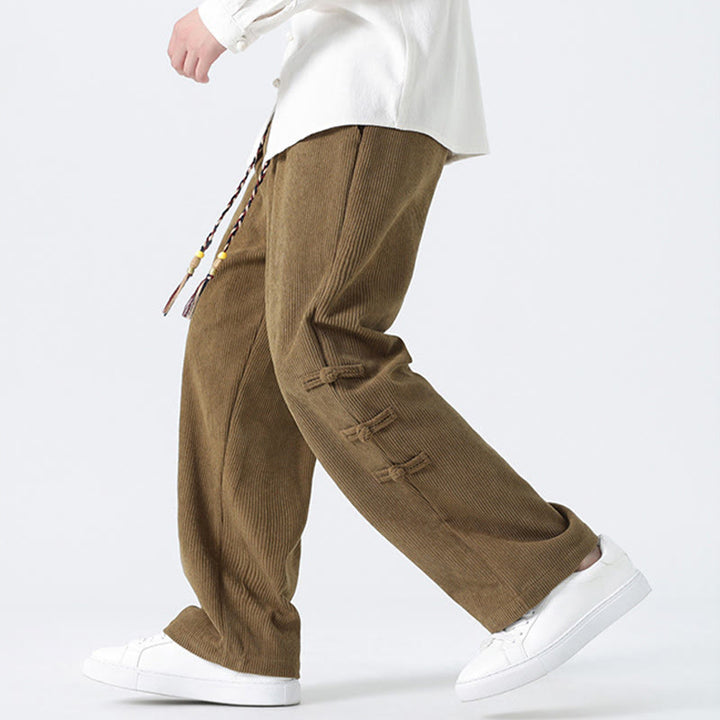 Pantalon en velours côtelé pour homme avec poches et cordon de serrage, motif grenouille chinoise unie et Buddha Stones - image 3