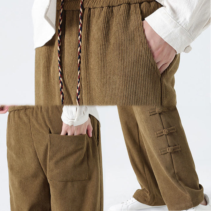 Pantalon en velours côtelé pour homme avec poches et cordon de serrage, motif grenouille chinoise unie et Buddha Stones - image 9