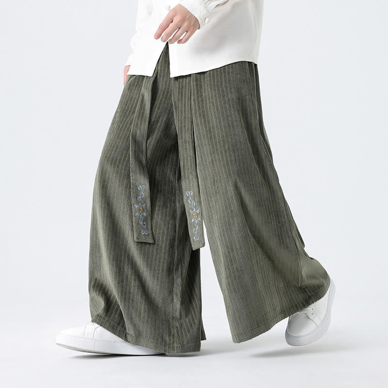 Pantalon large en velours côtelé pour homme, avec poches et broderies Buddha Stones , style décontracté - Vert foncé - US/UK/AU50，EU60 (5XL) - image 0