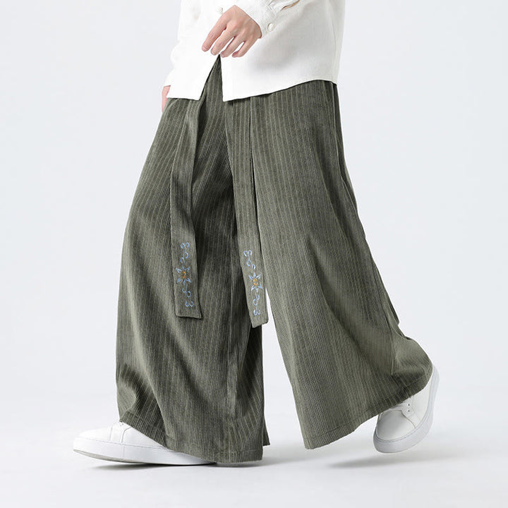 Pantalon large en velours côtelé pour homme, avec poches et broderies Buddha Stones , style décontracté - Vert foncé - US/UK/AU50，EU60 (5XL) - image 0